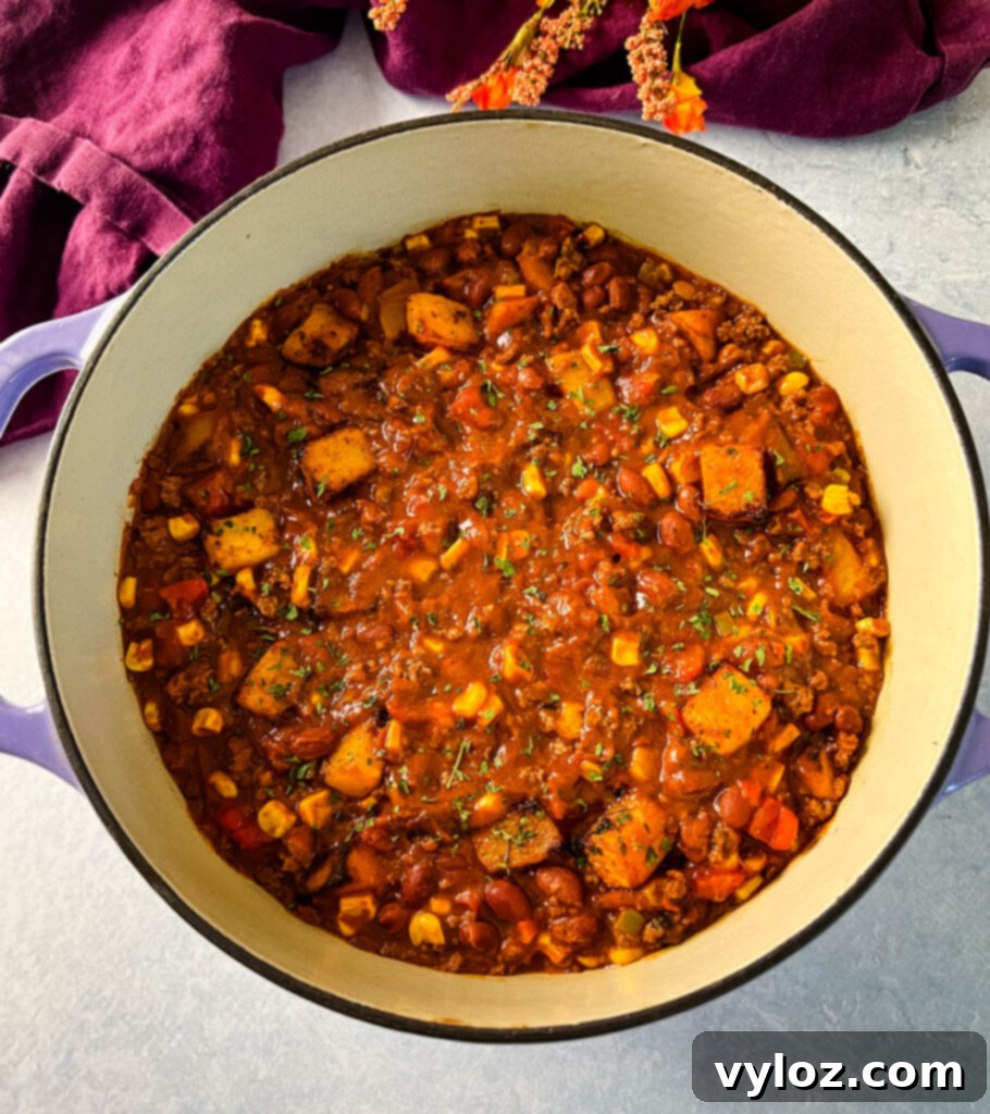 Hearty Butternut Squash Chili with Your Choice of Meat 10 Butternut squash chili in a large pot, ready to be served.