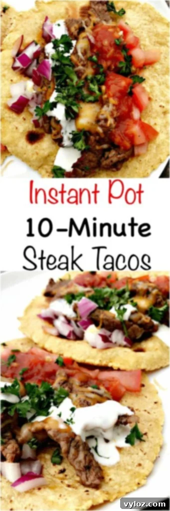 10-Minute Instant Pot Carne Asada Tacos 10 Pinterest graphic for Instant Pot 10-Minute Steak Tacos (Carne Asada)