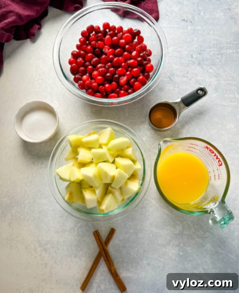 Apple Infused Cranberry Sauce 3 cranberries, sliced apples, cinnamon sticks, sugar, honey, and orange juice in separate bowls