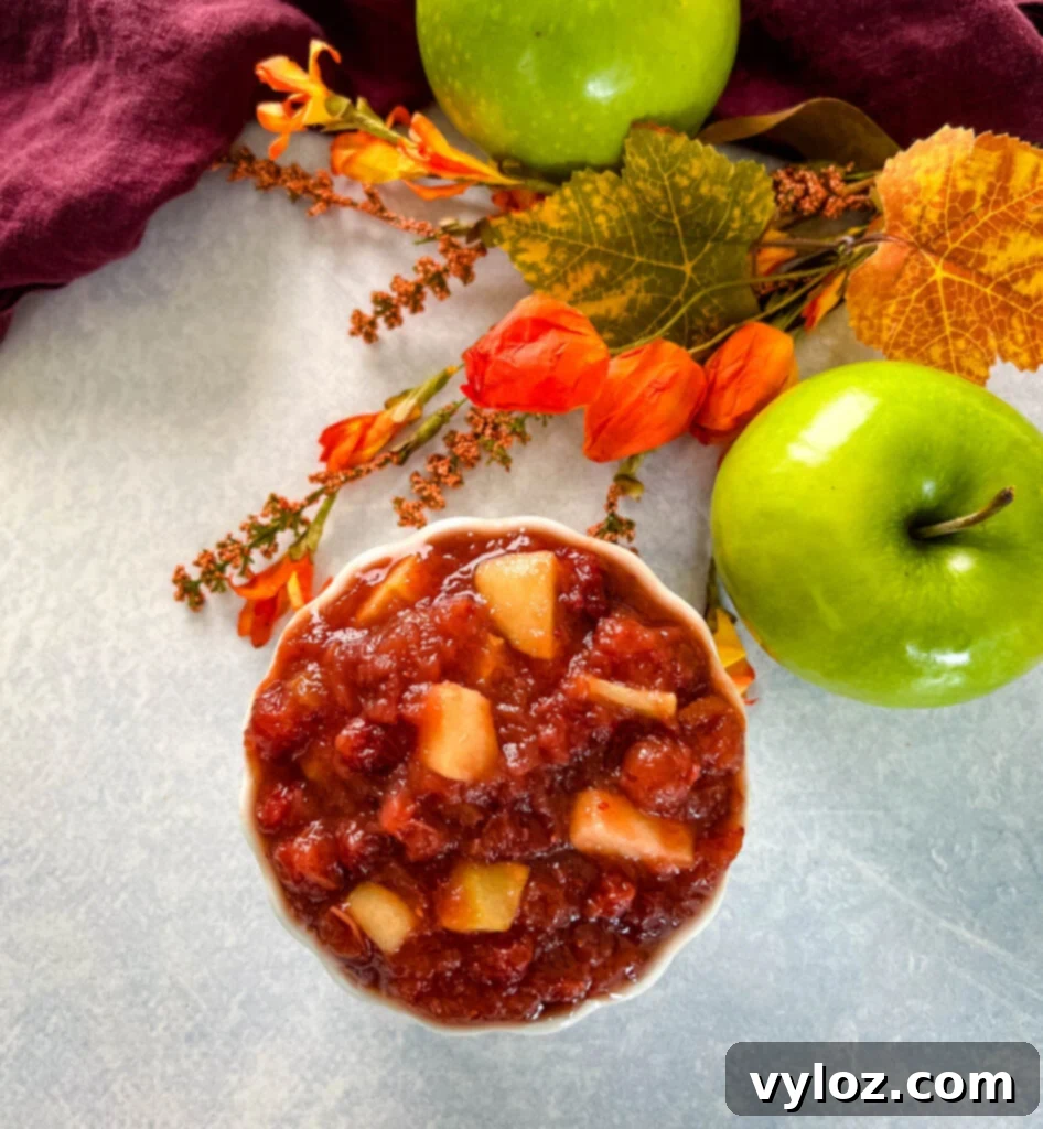 Apple Infused Cranberry Sauce 8 apple cranberry sauce in a white bowl with a fresh apple