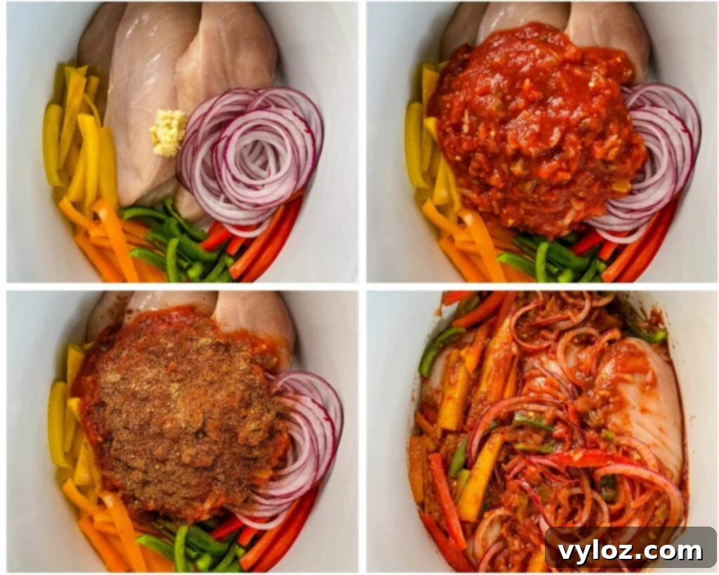 collage of 4 photos with fajitas in a Crockpot slow cooker