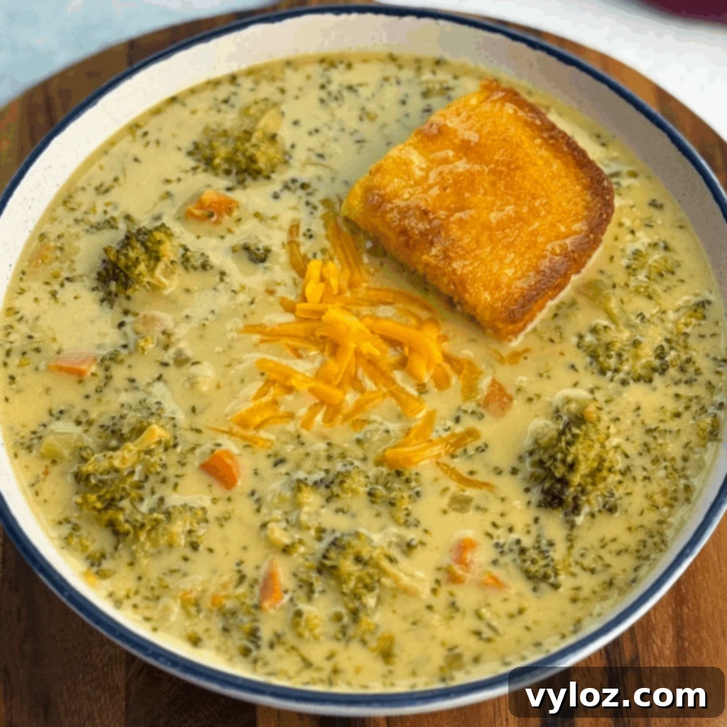 Creamy Slow Cooker Broccoli Cheddar Soup 2 Overhead view of a bowl filled with creamy broccoli cheddar soup, chunks of broccoli and carrots, a sprinkle of shredded cheddar, and a piece of cornbread resting in the soup.