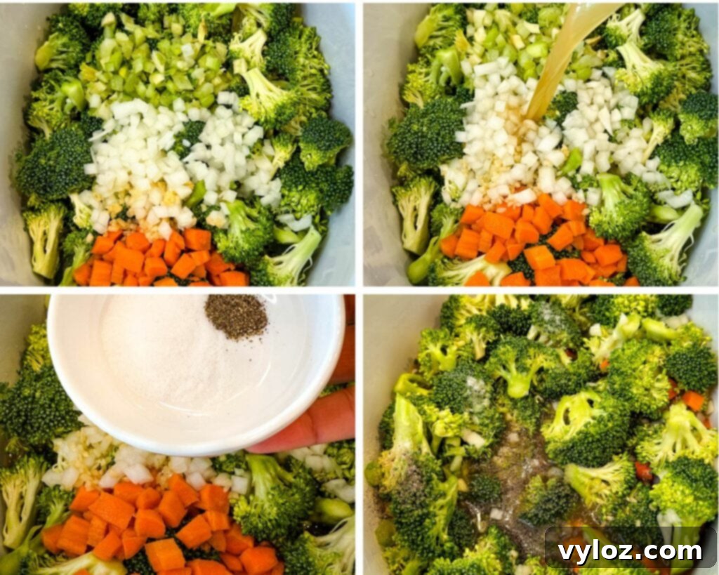 Creamy Slow Cooker Broccoli Cheddar Soup 4 Collage of four images showing the step-by-step process: fresh broccoli, carrots, onions, and celery in a slow cooker, broth being poured over, salt and pepper added, and vegetables coated in seasoning.