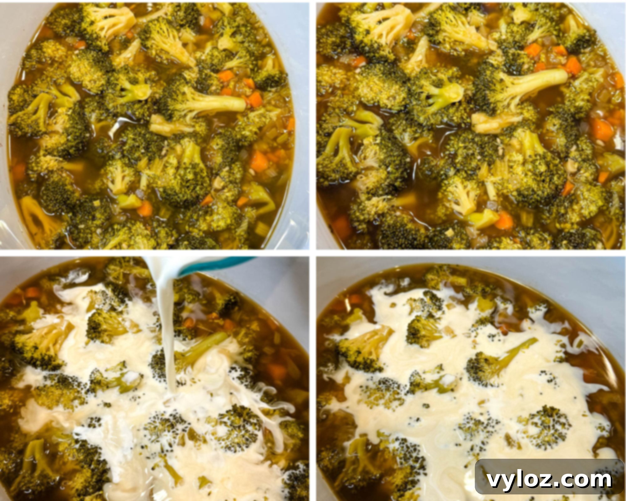 Creamy Slow Cooker Broccoli Cheddar Soup 5 Collage of four images showing broccoli and carrots simmering in broth inside a slow cooker, followed by cream being poured in and mixed.