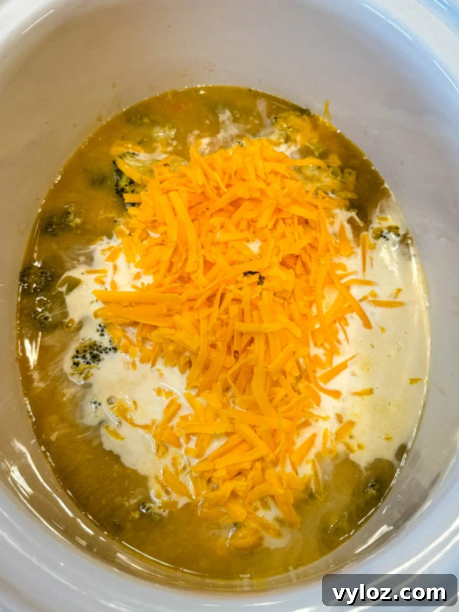 Creamy Slow Cooker Broccoli Cheddar Soup 6 Cheddar cheese melting into a slow cooker filled with broccoli soup and cream, creating a rich cheesy base.