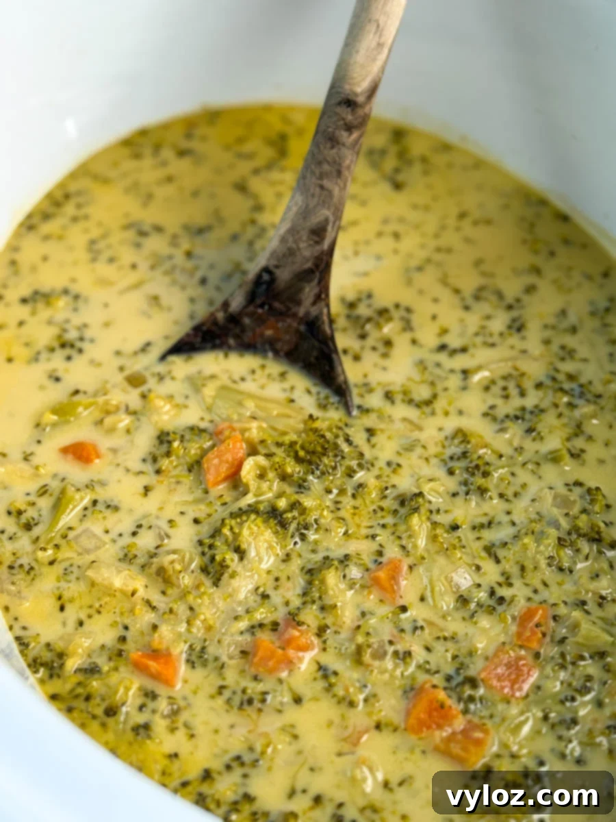 Creamy Slow Cooker Broccoli Cheddar Soup 7 Close-up of broccoli cheddar soup in a slow cooker, with visible pieces of broccoli and carrots in a creamy cheese broth.