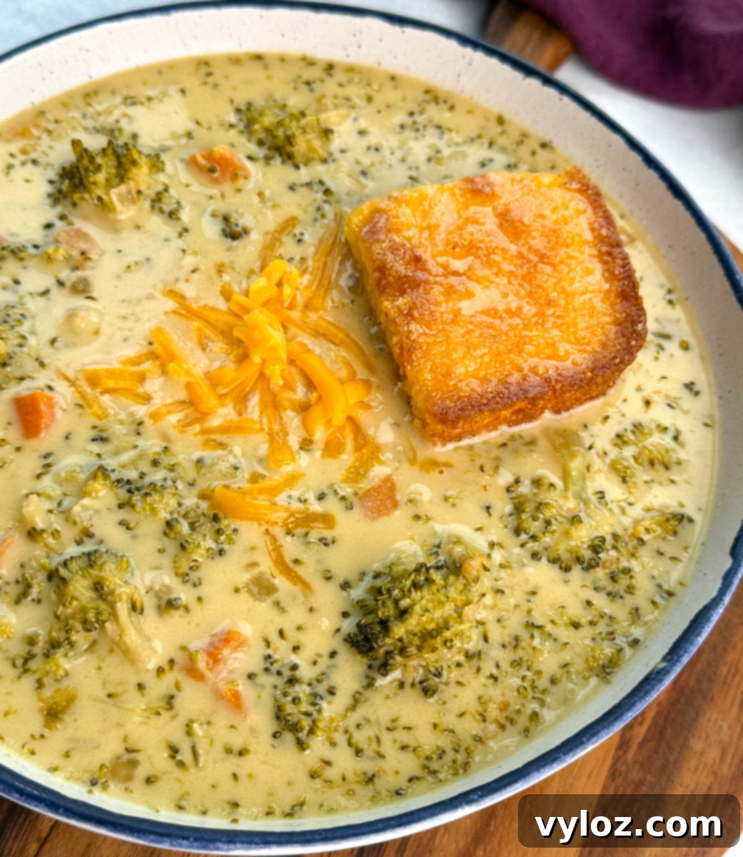 Creamy Slow Cooker Broccoli Cheddar Soup 10 Bowl of broccoli cheddar soup topped with shredded cheddar cheese and served with a square of golden cornbread on the side.