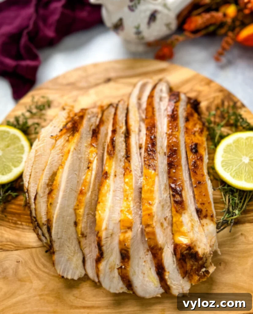 Beautifully sliced Crockpot slow cooker turkey breast arranged on a cutting board, showcasing its tender and juicy texture