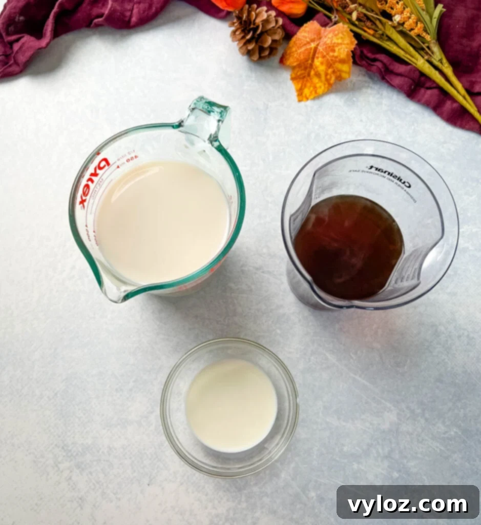 coffee. almond milk, and half and half in separate bowls
