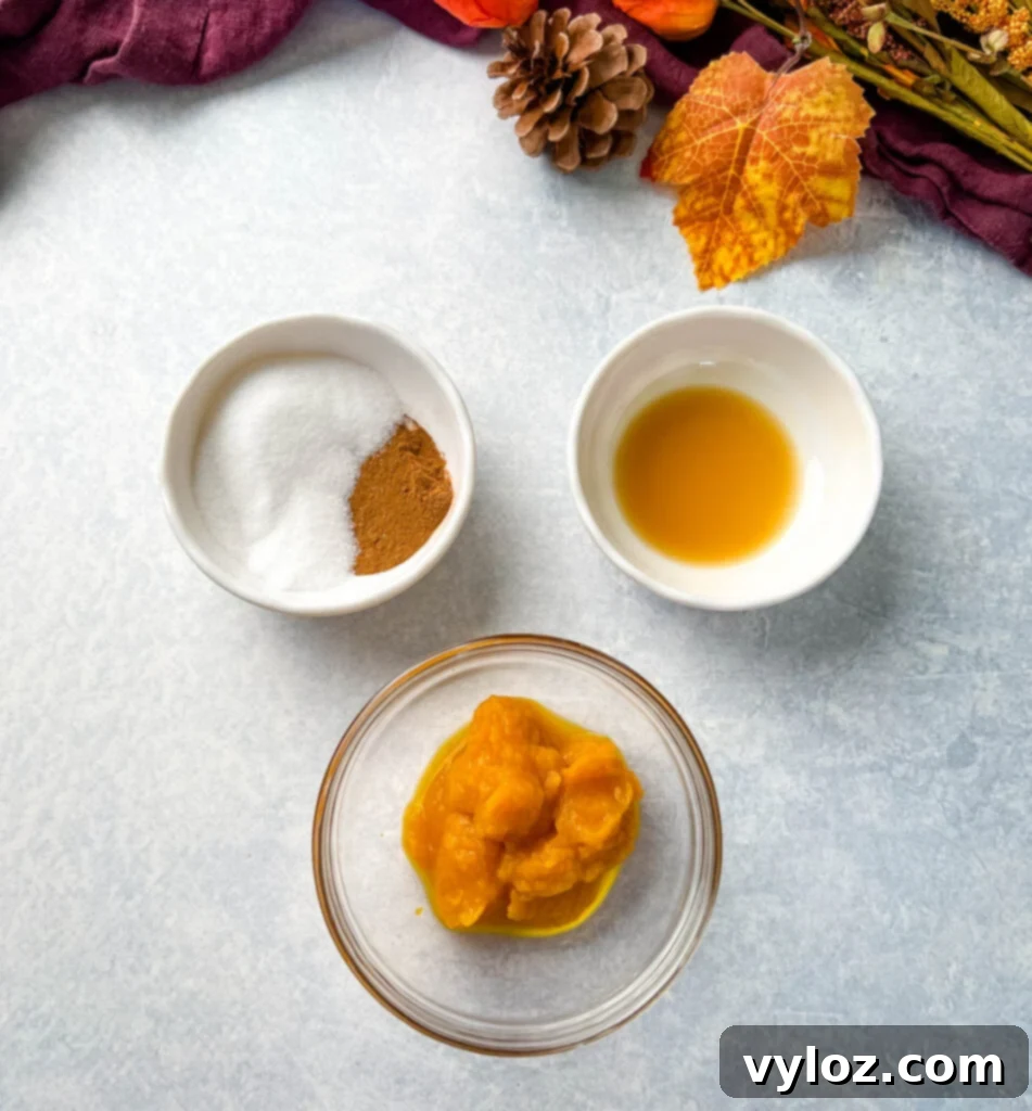 spices, vanilla extract, and pureed pumpkin in separate bowls