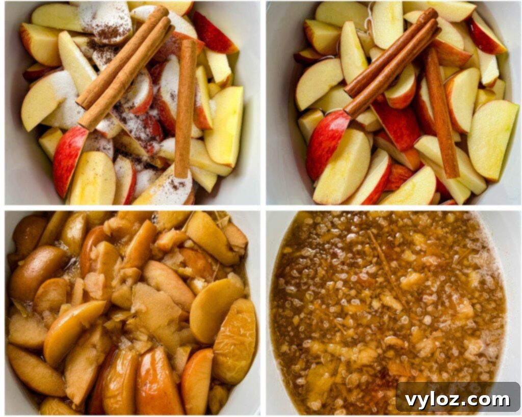 Caramel Apple Bliss 6 A collage of four photos showing the process of making apple cider: apples, cinnamon, and water in a pot