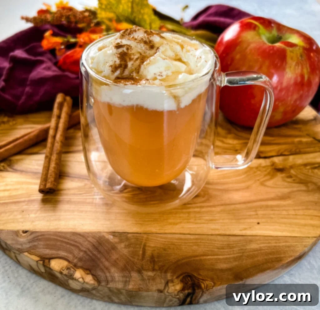 Caramel Apple Bliss 9 A beautifully presented glass mug of caramel apple spice cider, topped with whipped cream and caramel, ready to be enjoyed