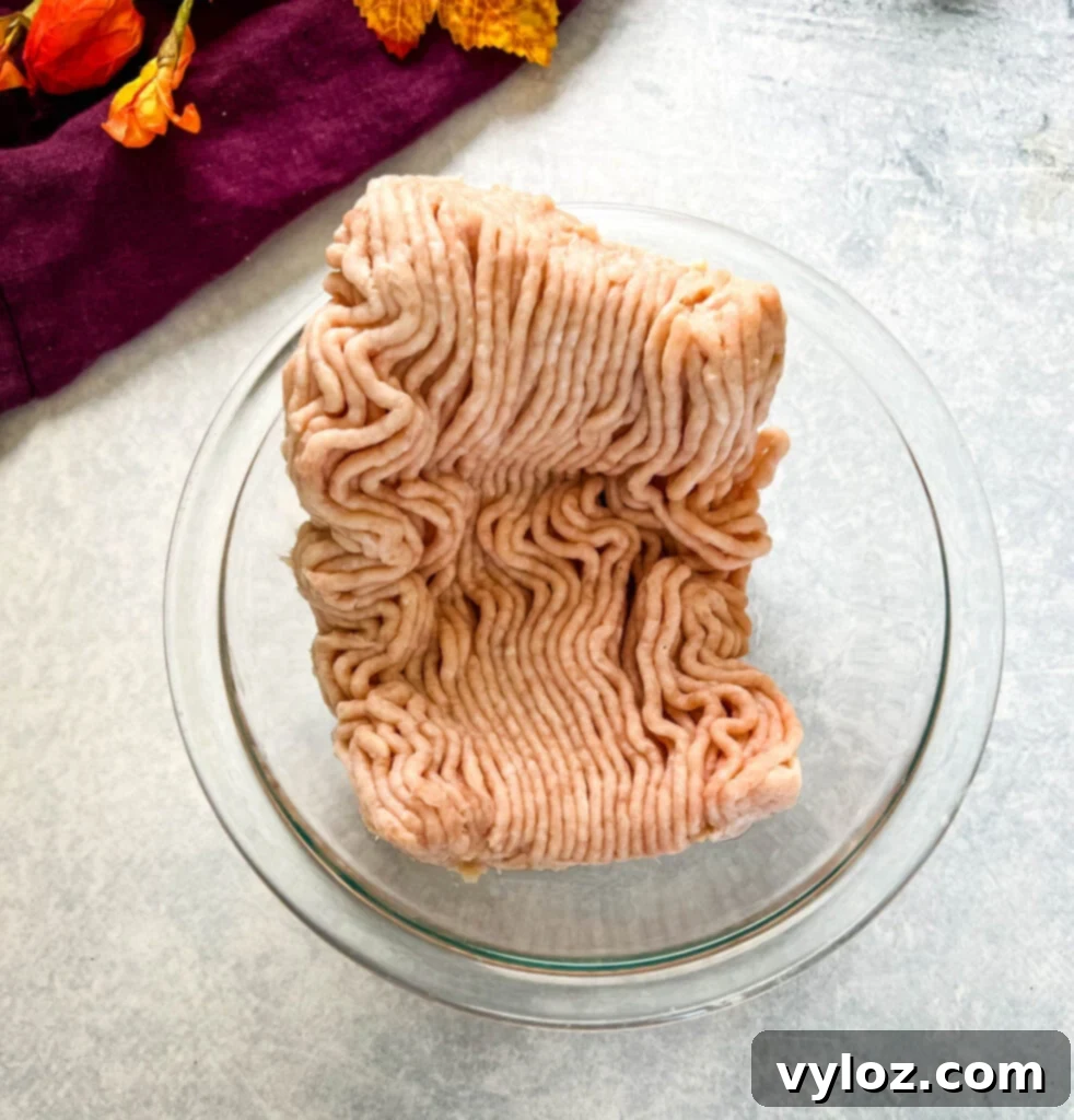 Hearty Ground Chicken Chili 4 Fresh ground chicken in a clear glass bowl, ready for cooking.