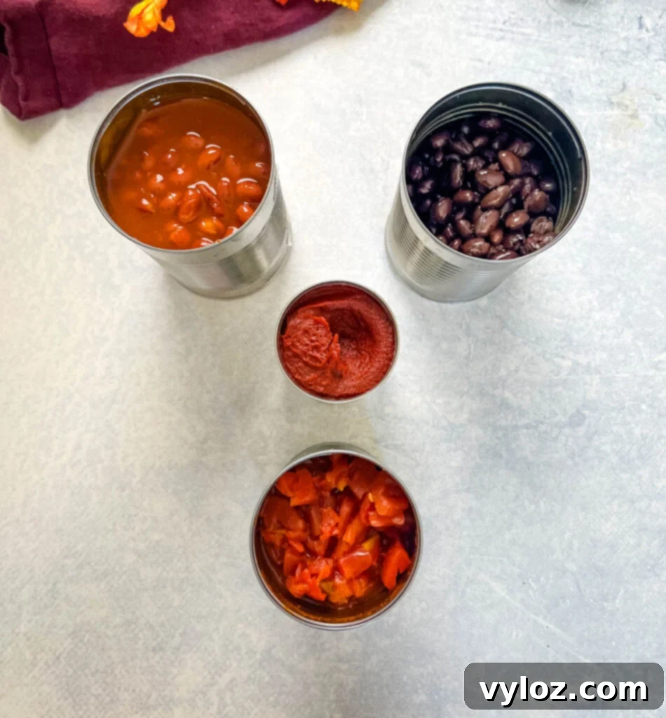 Hearty Ground Chicken Chili 5 A collection of canned ingredients: chili beans, black beans, tomato paste, and diced tomatoes, neatly arranged.