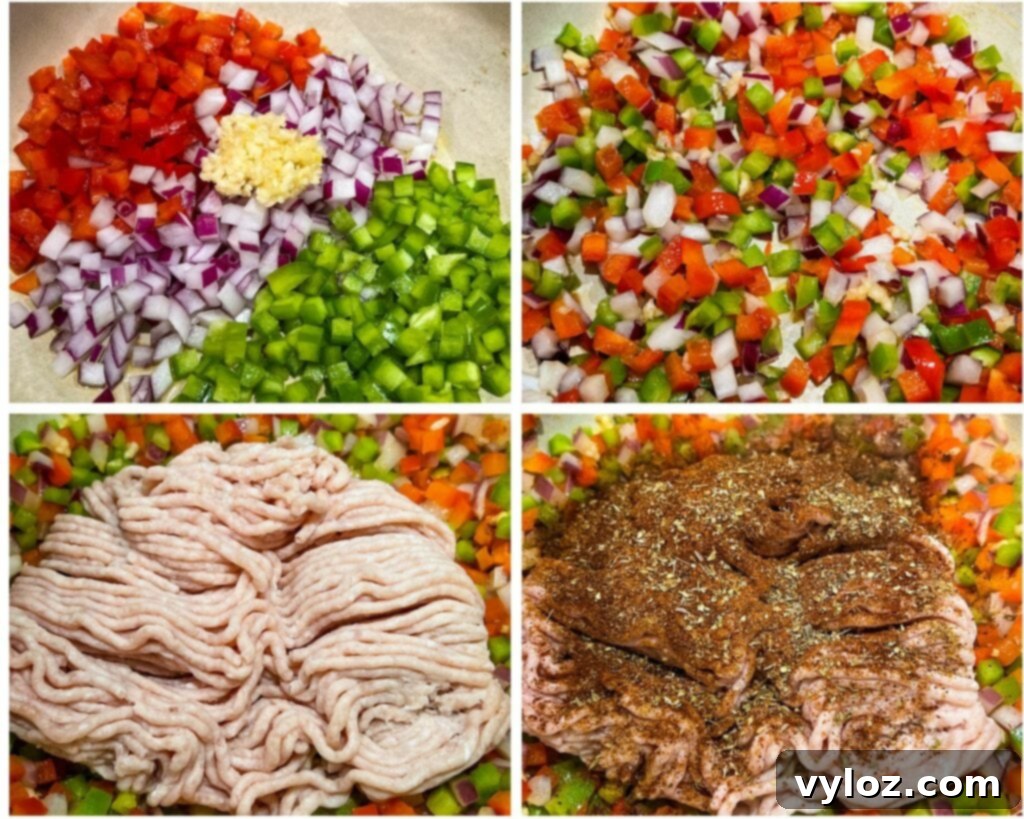 Hearty Ground Chicken Chili 7 A four-panel collage showing the cooking process of ground chicken chili with vegetables, highlighting different stages of preparation.