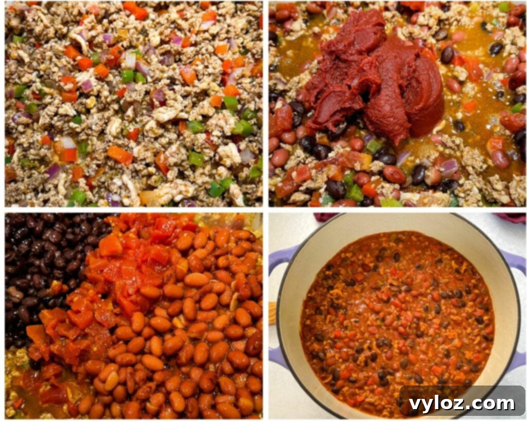 Hearty Ground Chicken Chili 8 A four-panel collage featuring various stages of ground chicken and vegetables being prepared for chili.