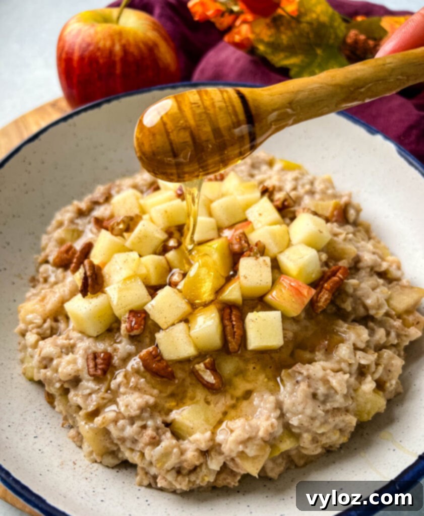 Honey drizzled over slow cooker crockpot apple oatmeal in a bowl with pecans, highlighting a cozy breakfast experience.