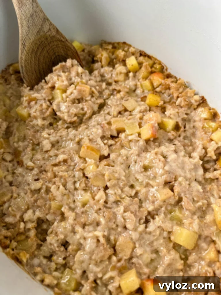 Cooked apple oatmeal served directly from a Crockpot slow cooker, showcasing its readiness.