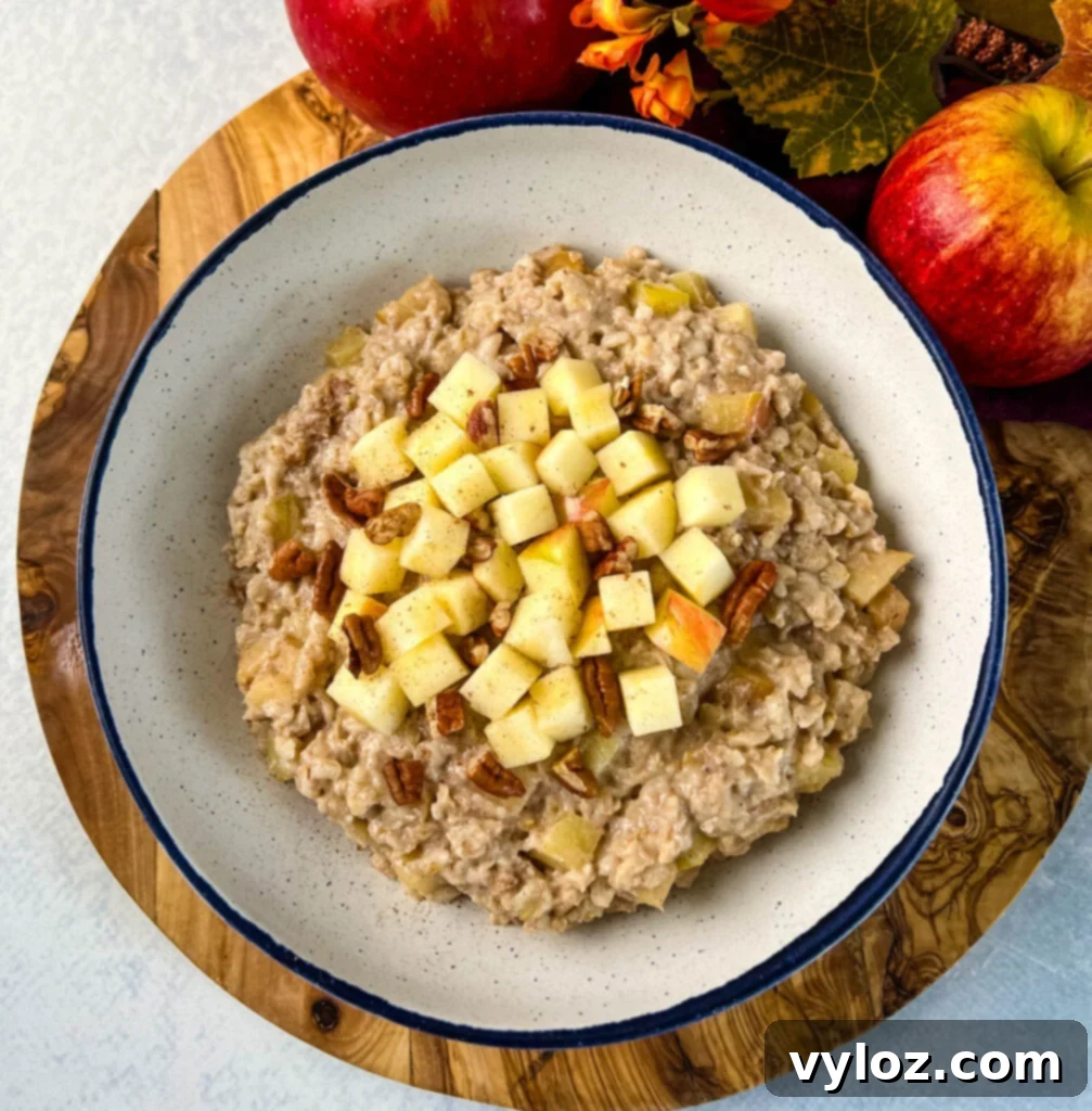 Slow cooker crockpot apple oatmeal in a bowl, generously topped with crunchy pecans.