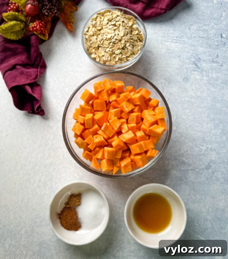 Bowls of rolled oats, sweet potatoes, vanilla extract, and spices laid out for baking.