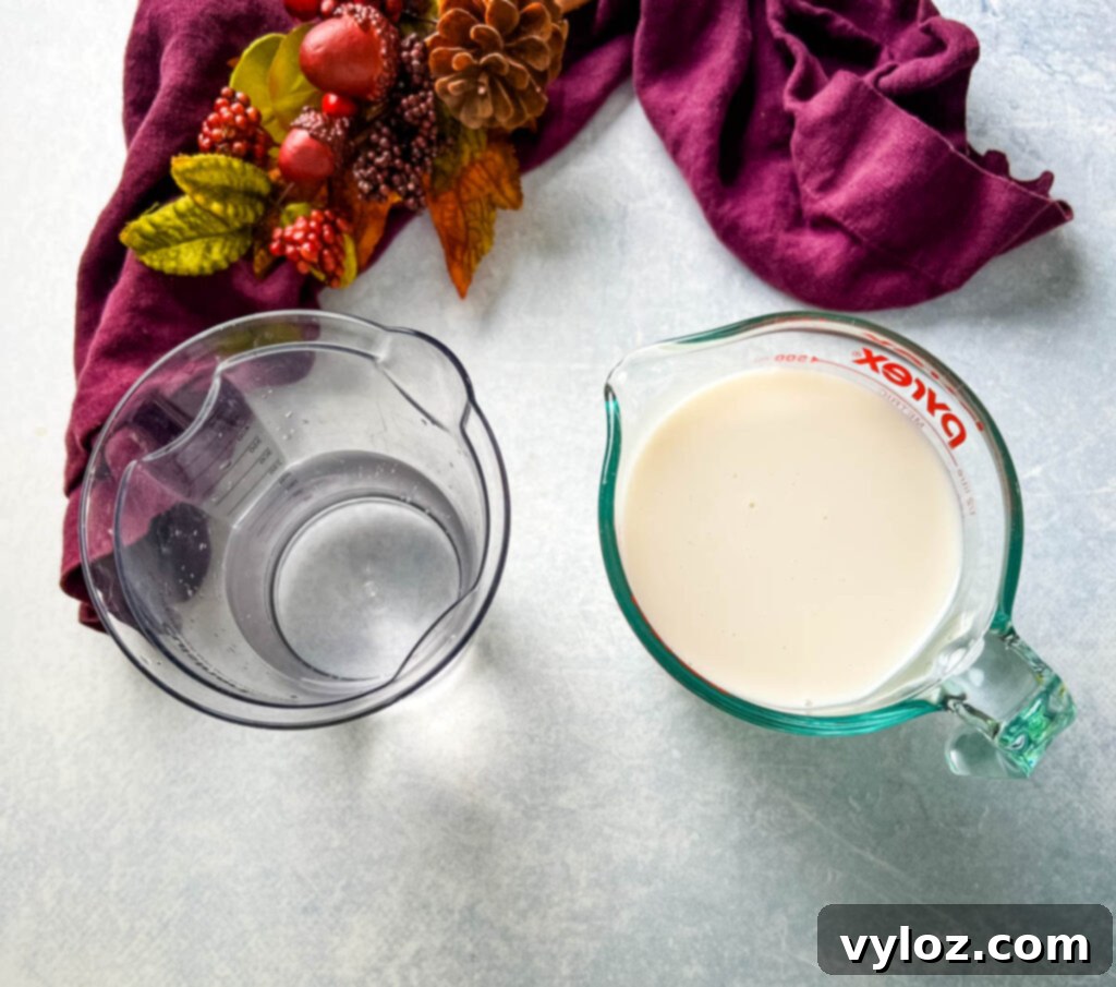 Almond milk and water in separate glass cups, ready to be used in the recipe.