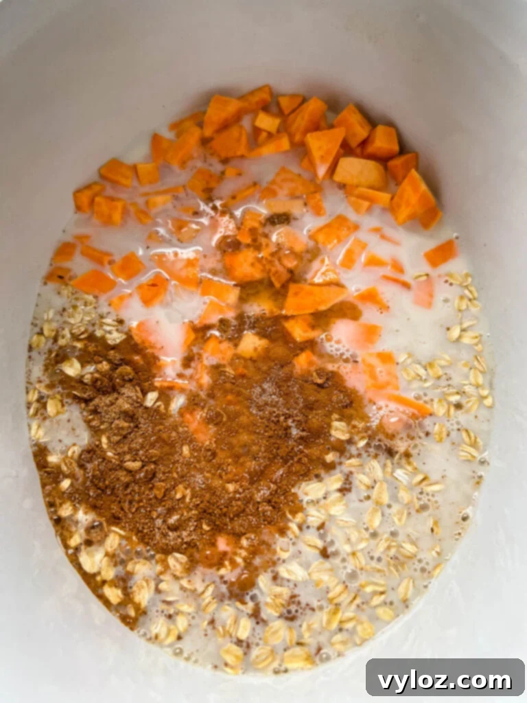 Sweet potatoes, rolled oats, cinnamon, almond milk, and nutmeg simmering in a pot.