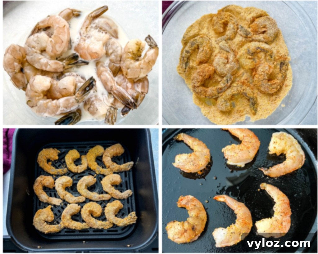 A collage of four images showing the process of preparing breaded shrimp, including shrimp in a bowl with breading and shrimp cooking in a pan.