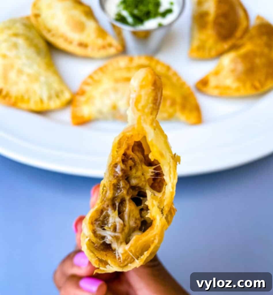 A person holding a freshly cooked beef and cheese empanada, showcasing its golden crust and delicious appearance.