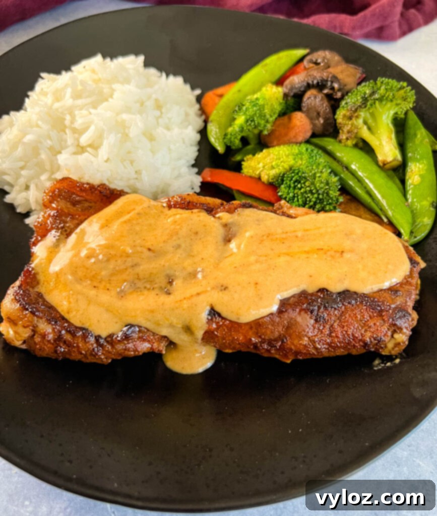 smothered steak with gravy and rice and vegetables