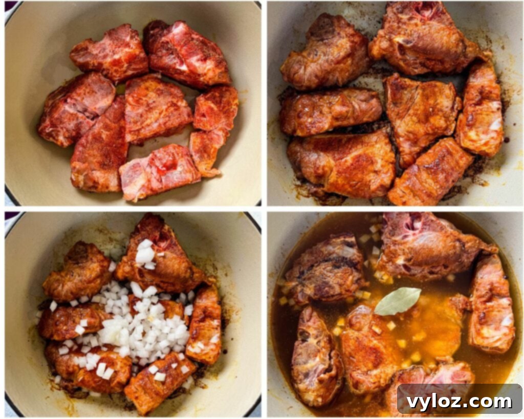 collage of 4 photos with neck bones seared in a Dutch oven