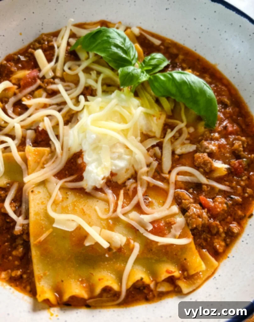 beef lasagna soup with basil and cheese in a bowl, presented beautifully