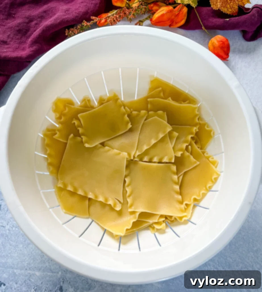 cooked lasagna pasta pieces in a bowl, ready to be added to the soup