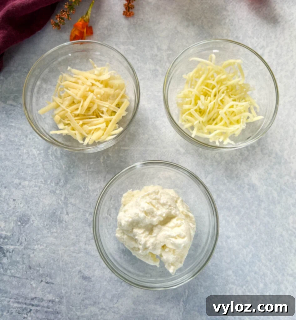 mozzarella, parmesan, and ricotta cheese in separate glass bowls, prepared for topping