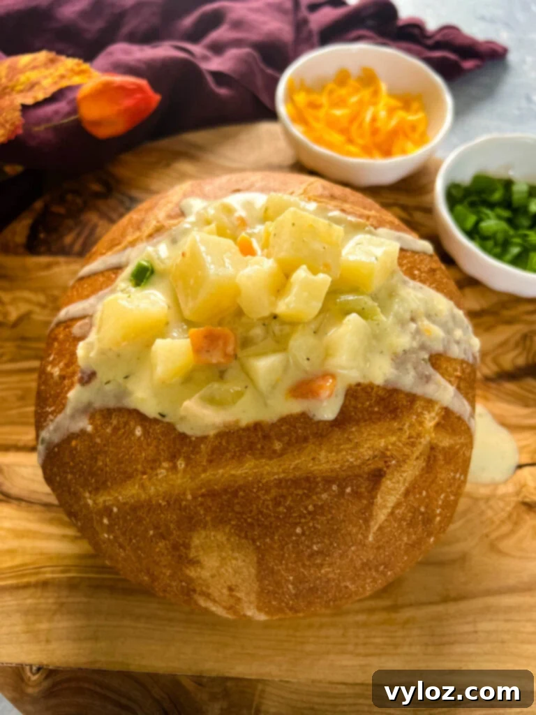 ranch potato soup in a bread bowl