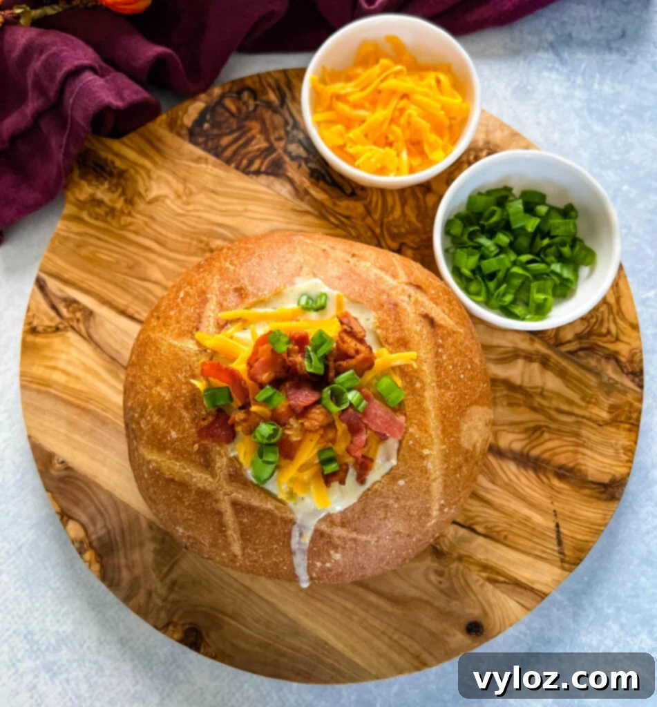 bacon ranch potato soup in a bread bowl