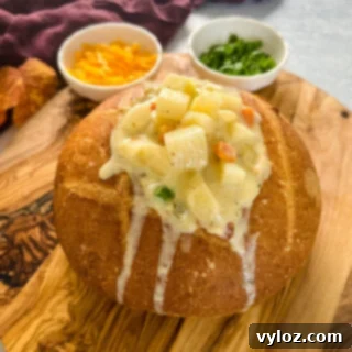 ranch potato soup in a bread bowl