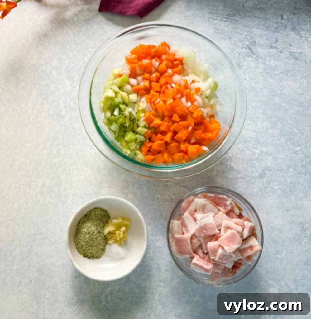 uncooked bacon, carrots, celery, onions, and ranch seasoning in separate bowls