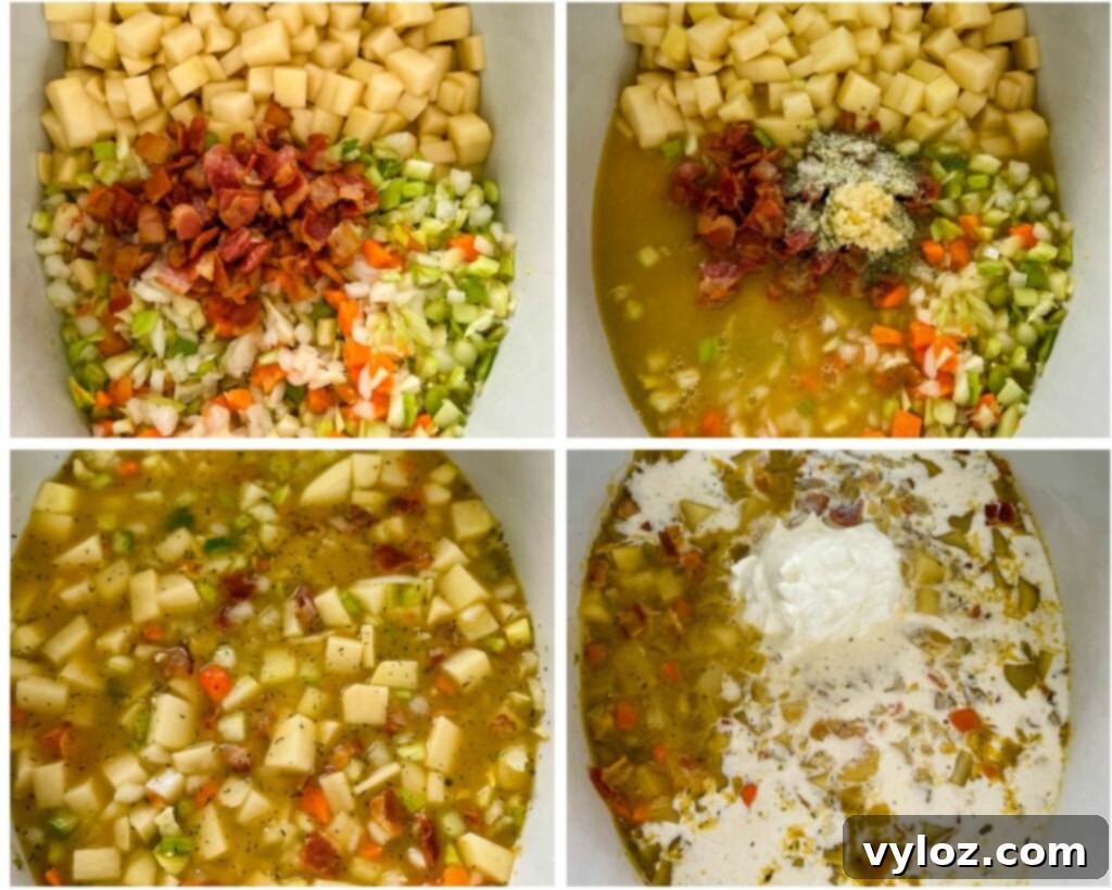 collage photo of 4 photos with bacon potato soup in a pot