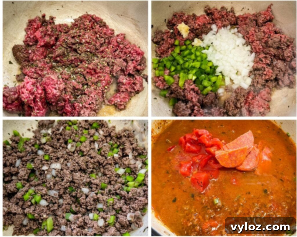 A four-photo collage showing the step-by-step process of making pizza soup: ground beef browning, onions and green peppers sautéing, tomatoes added, and finally, all ingredients simmering in a pot