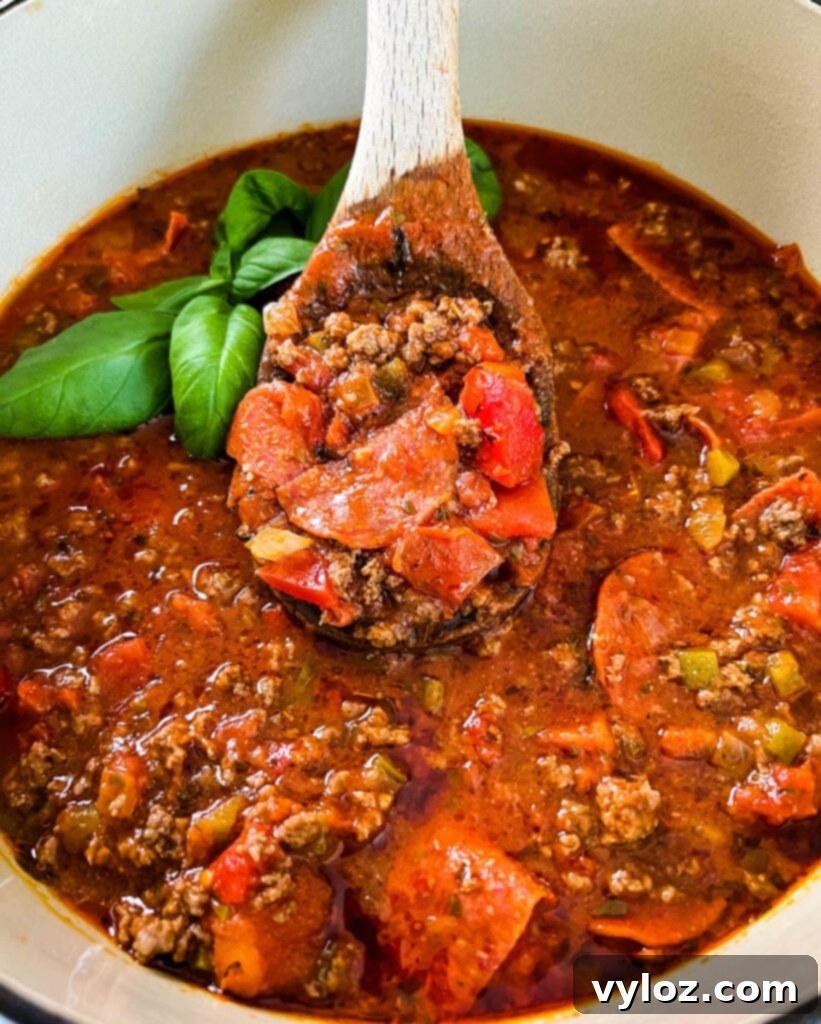 A serving of pizza soup with beef, pepperoni, and fresh basil, garnished in a bowl against a soft background