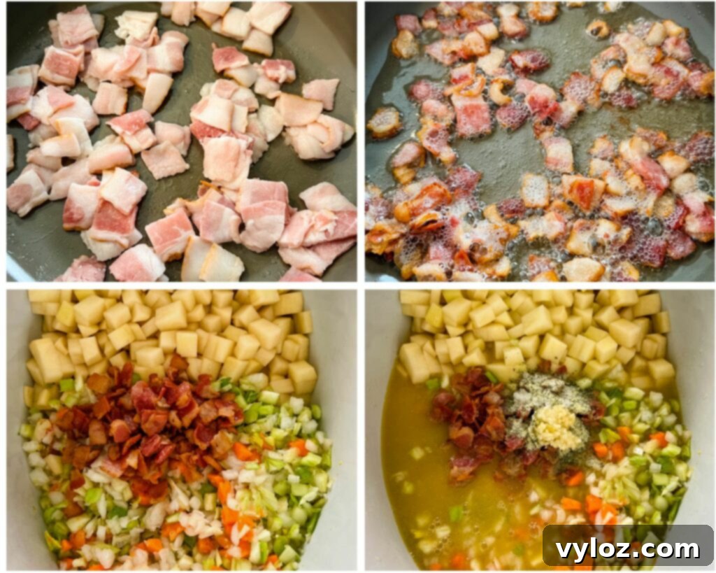 Ultimate Slow Cooker Loaded Potato and Bacon Soup 5 A collage of four photos showing bacon sizzling in a pan and a Crockpot slow cooker filled with creamy potato soup, ready for serving.