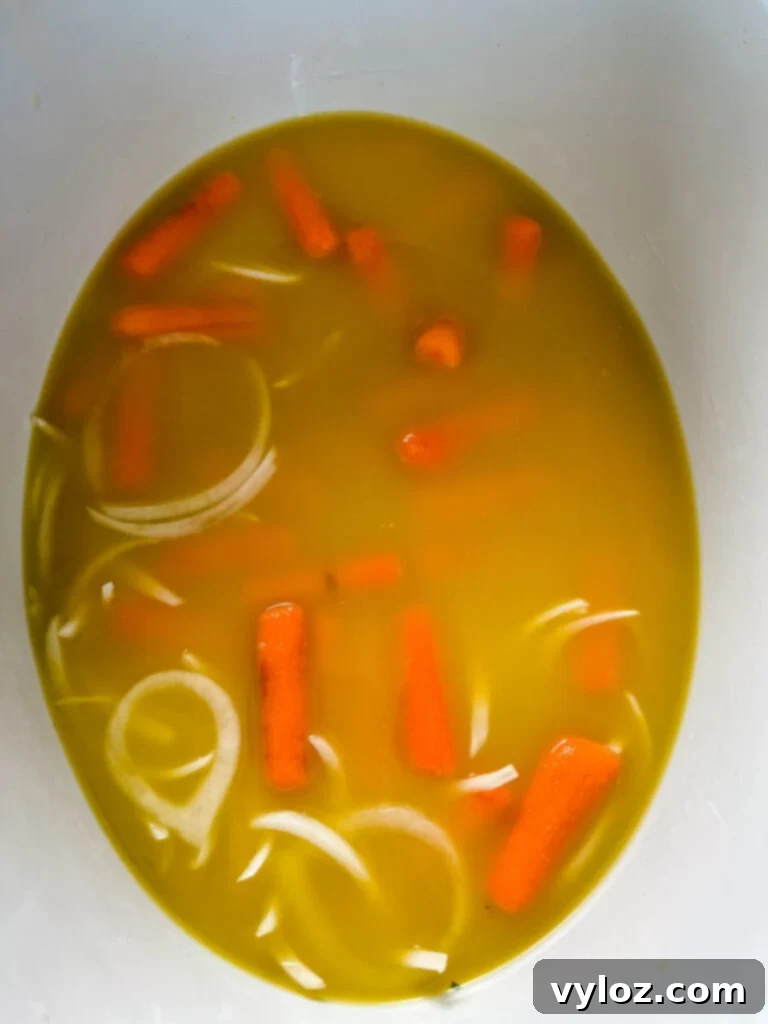 broth, carrots, and onions in a Crockpot slow cooker