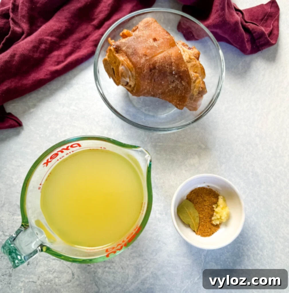 Ingredients for the recipe: ham hock, chicken broth, and Creole spices in separate bowls