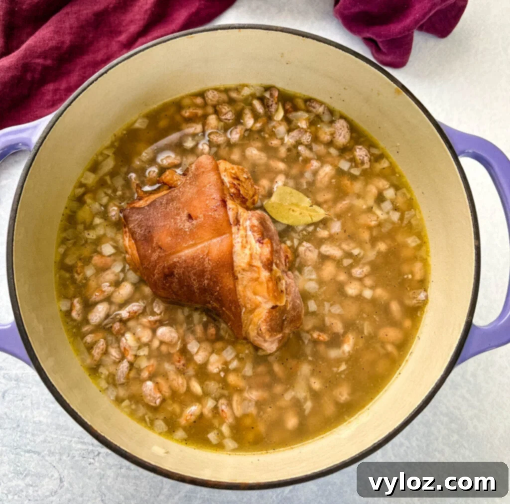 Cooked pinto beans and ham hocks ready to be served from a Dutch oven