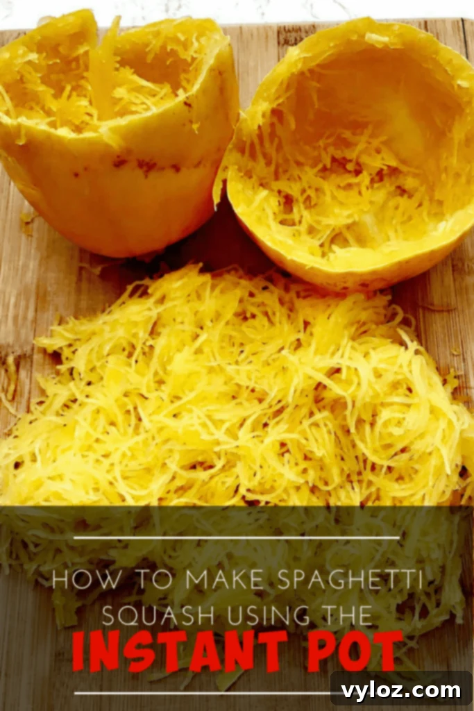 Instant Pot spaghetti squash recipe image for Pinterest, showing cooked squash ready to be shredded.