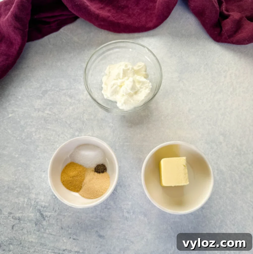 Velvety Buttermilk Mash 5 sour cream, spices, and butter in separate bowls