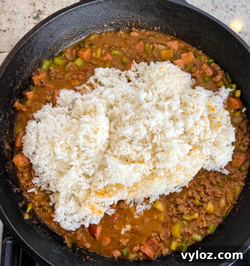 Cajun Ground Beef and Rice 11 Finished Cajun dirty rice in a cast iron skillet, showing the well-combined ingredients.