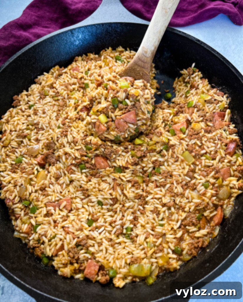 Cajun Ground Beef and Rice 12 Another view of Cajun dirty rice in a cast iron skillet, close-up on its texture and color.