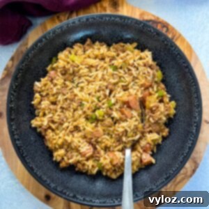 Cajun Ground Beef and Rice 13 Cajun dirty rice in a black bowl, garnished with fresh herbs.