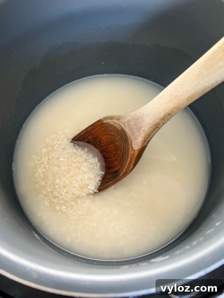 Cajun Ground Beef and Rice 5 Uncooked white long-grain rice in a metal pot, ready for preparation.